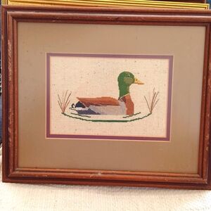 Embroidery picture of a duck. Vintage approx  12 by 14 inches